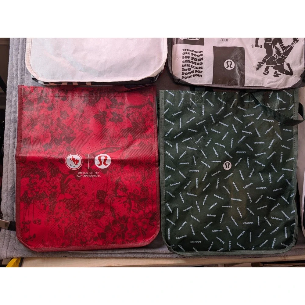 Lululemon Reusable Shopping Tote Bag Lot of 11 Mixed Sizes Red White Black Green